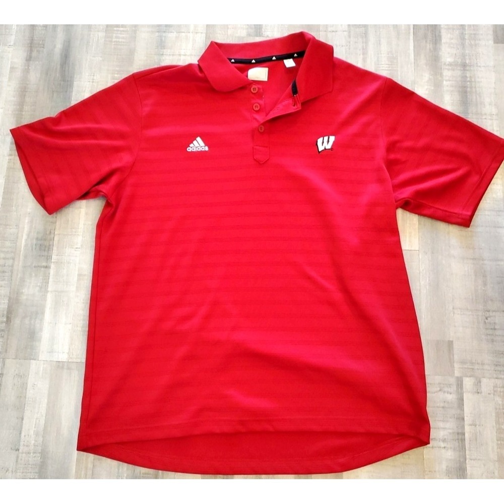 Wisconsin Badgers Red Adidas XL Polo Shirt Striped Golf Dry fit College NCAA